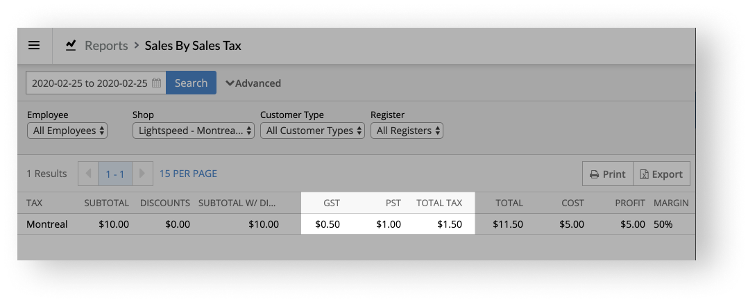 The GST, PST, and Total Tax columns.