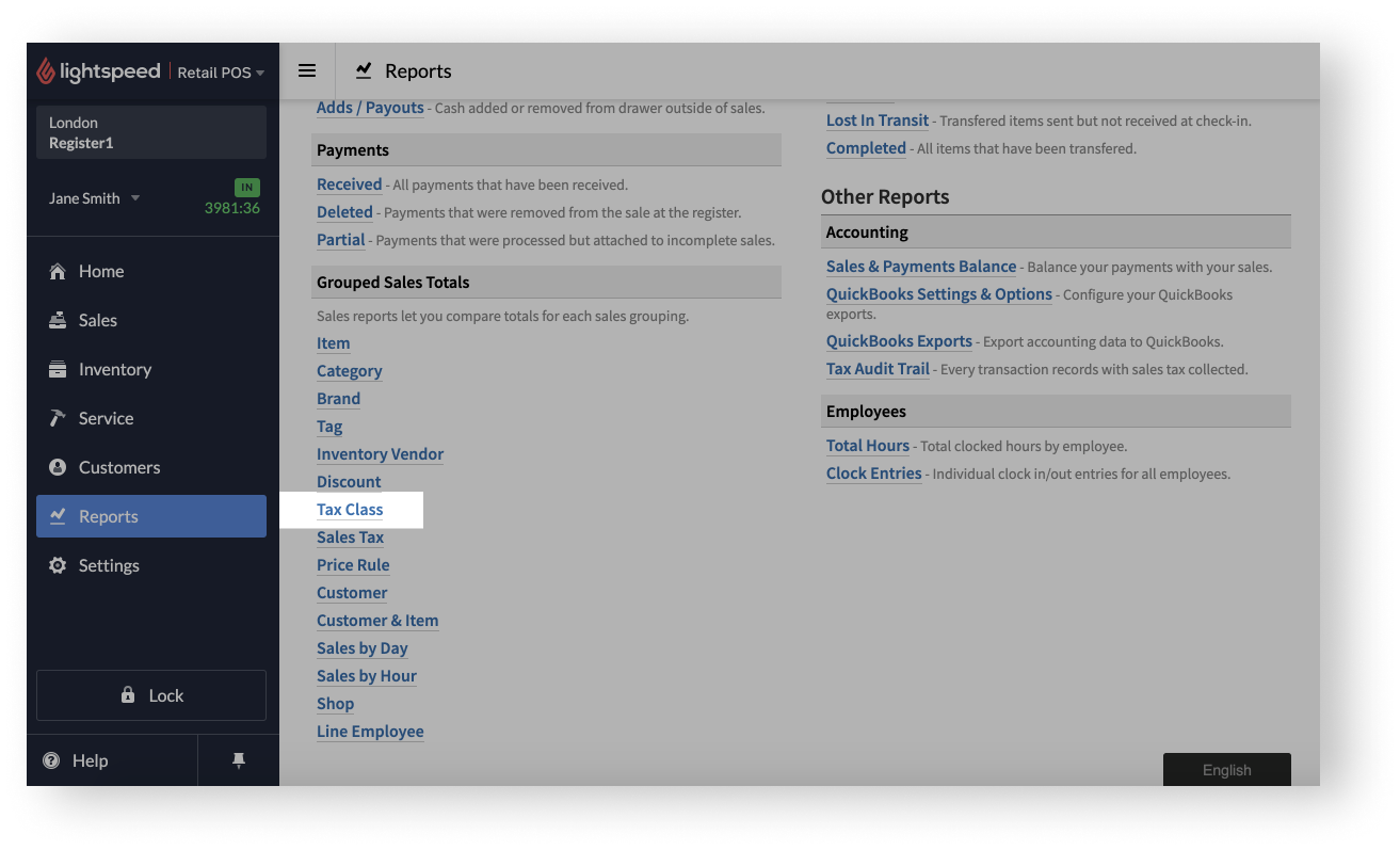 Reports page with Tax Class report highlighted.