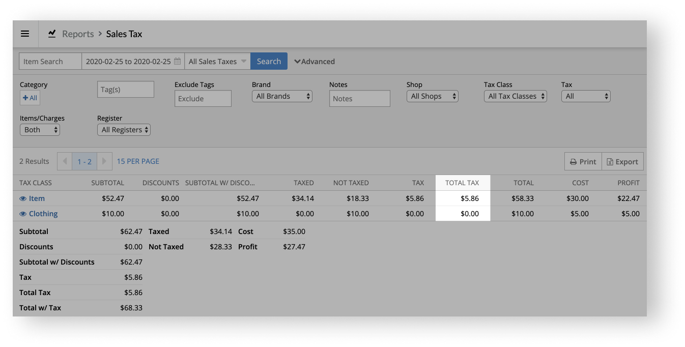 Sales Tax report with Total Tax column highlighted.