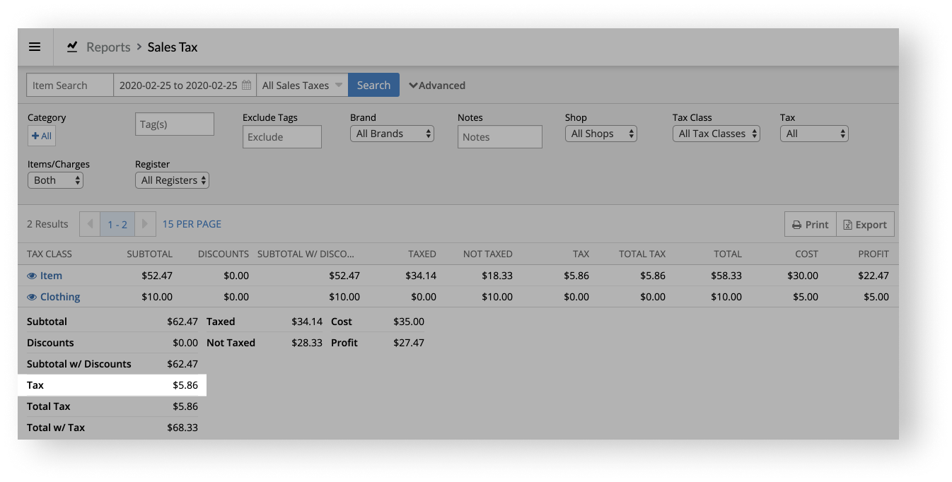 Sales Tax report with Tax value highlighted.