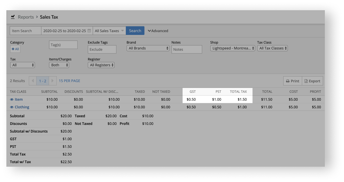 Sales Tax report with dual tax columns and Total Tax column highlighted.
