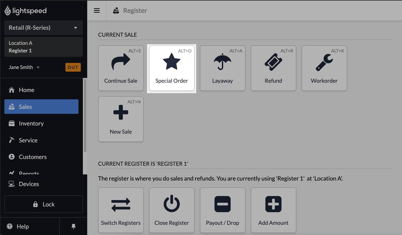 The Register screen highlighting the Special Order button.