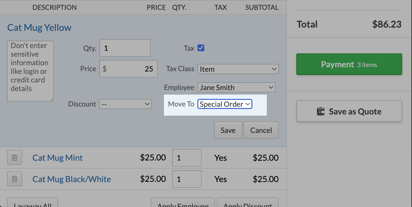 The Move To dropdown with Special Order selected.