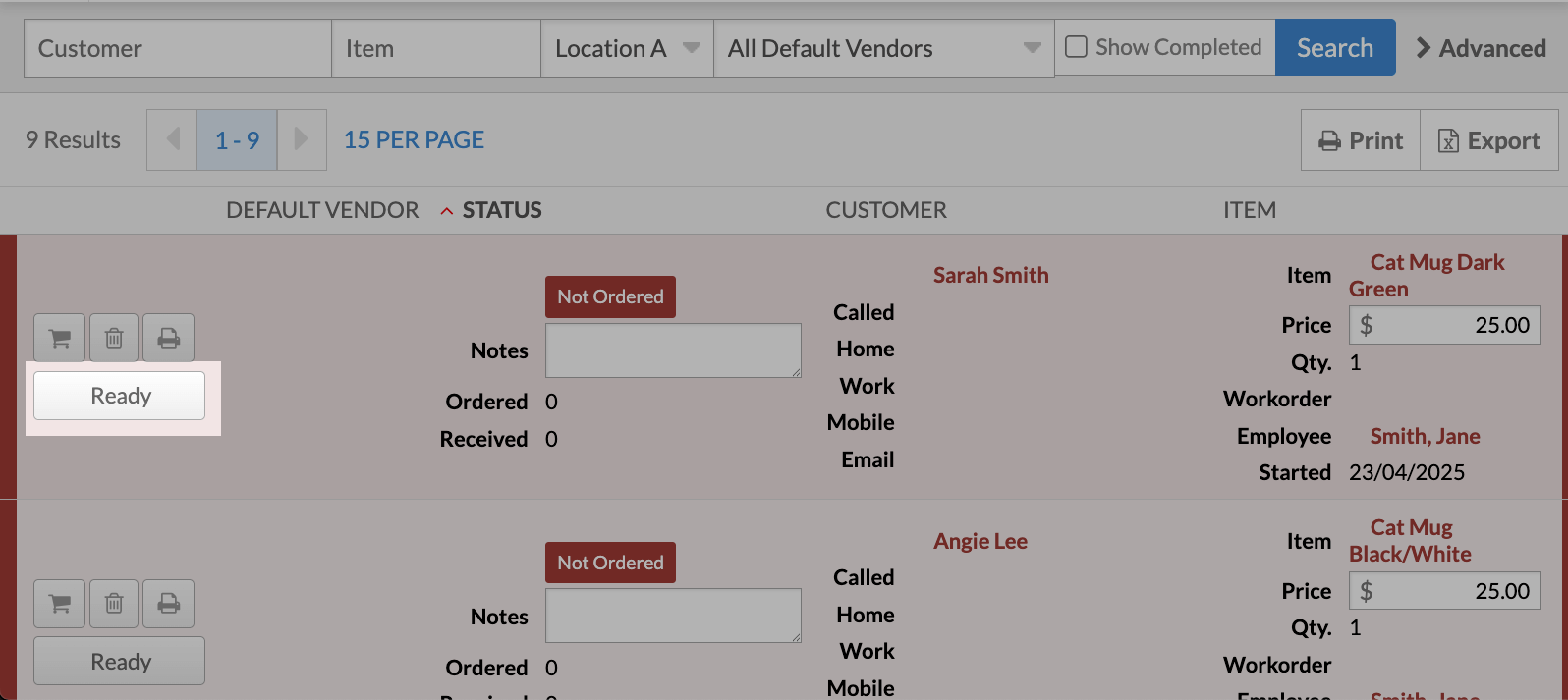 A special order highlighting the Ready button.