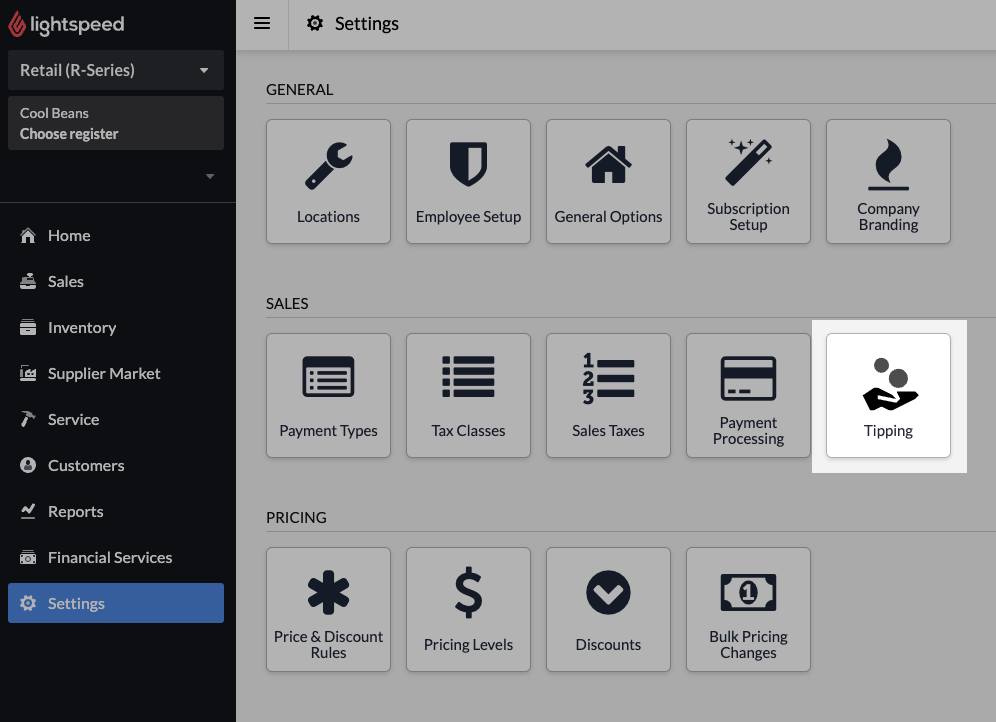 Settings page with Tipping highlighted
