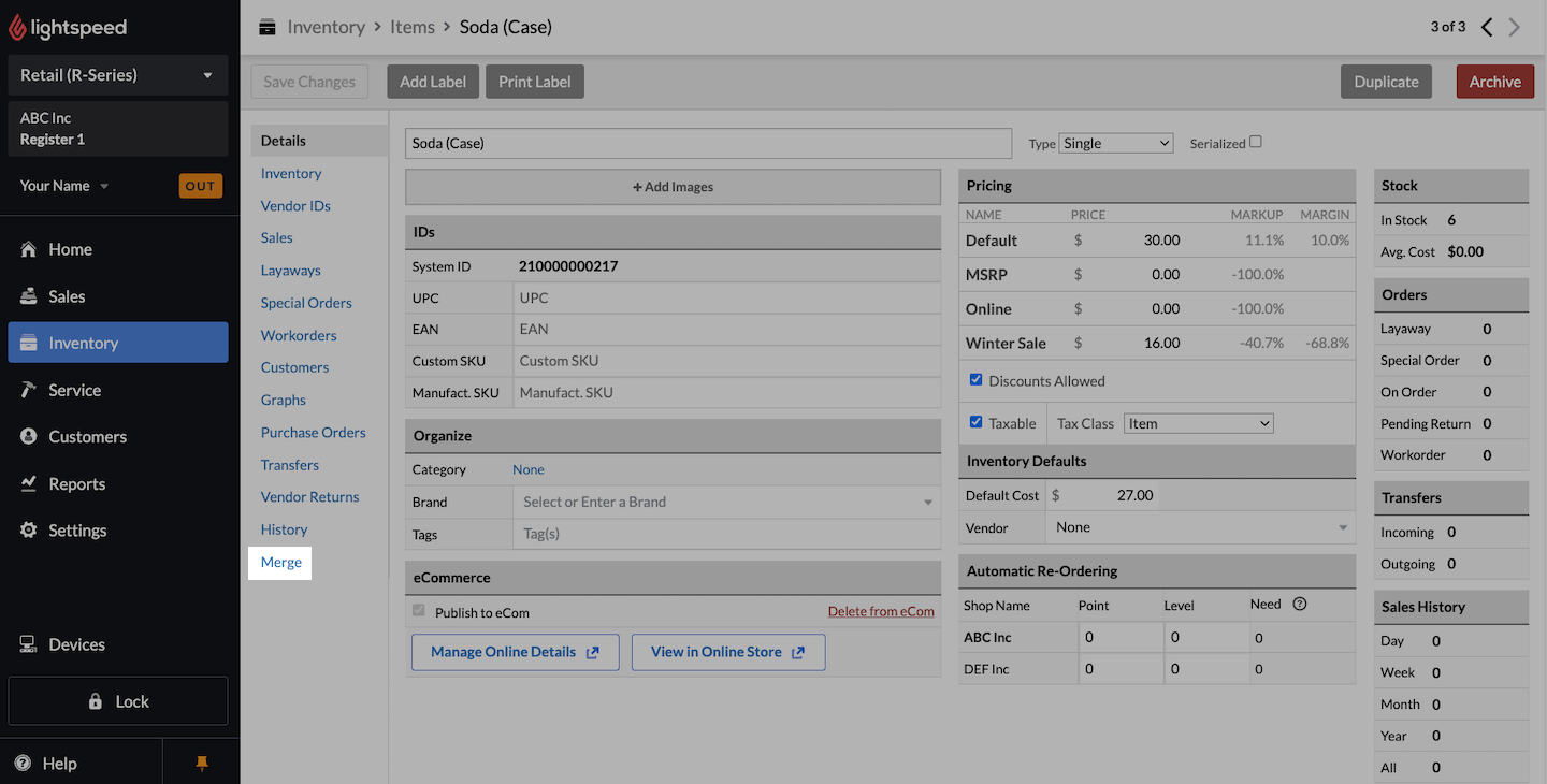 Item's page with Merge menu emphasized.
