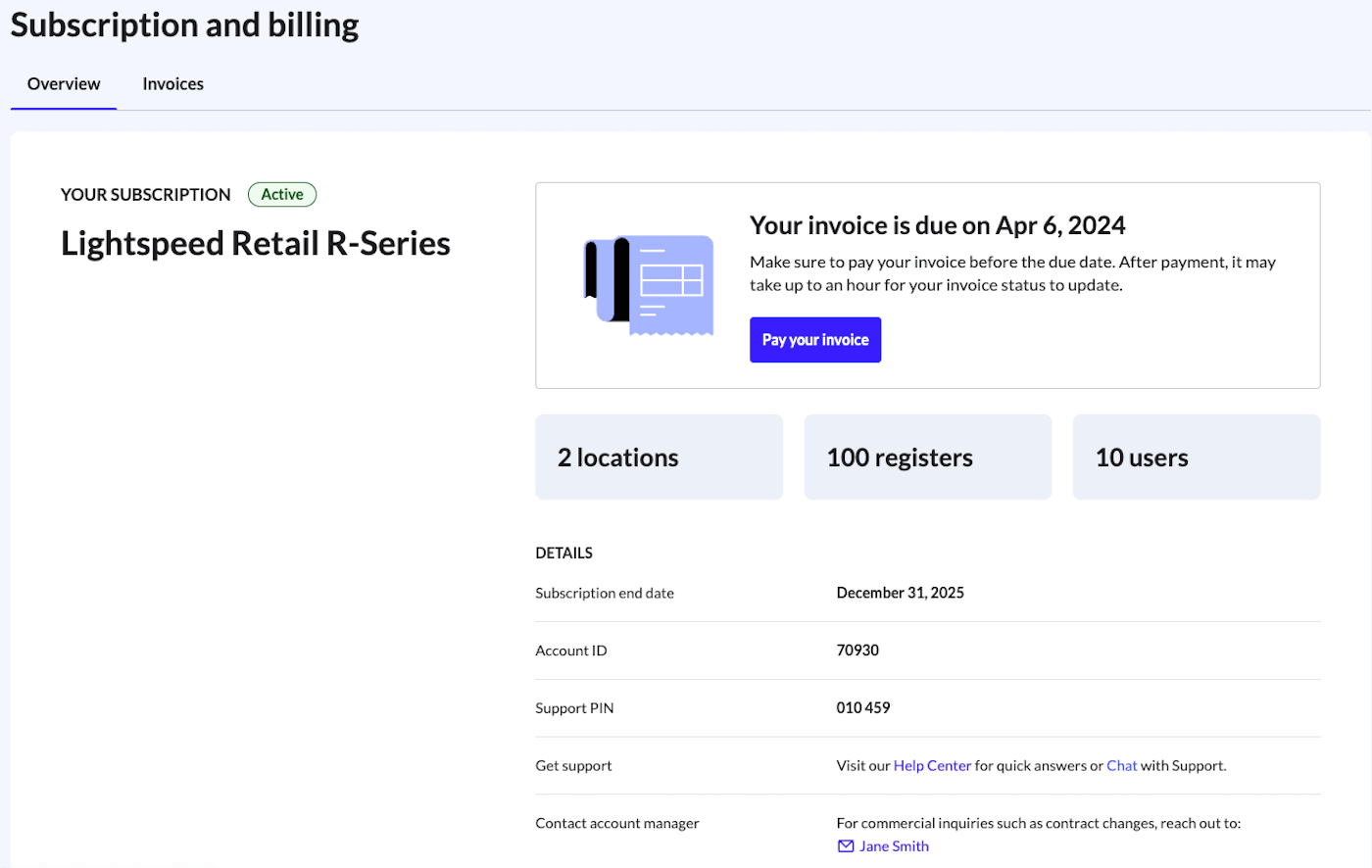 The Subscription and Billing page showing a subscription invoice.
