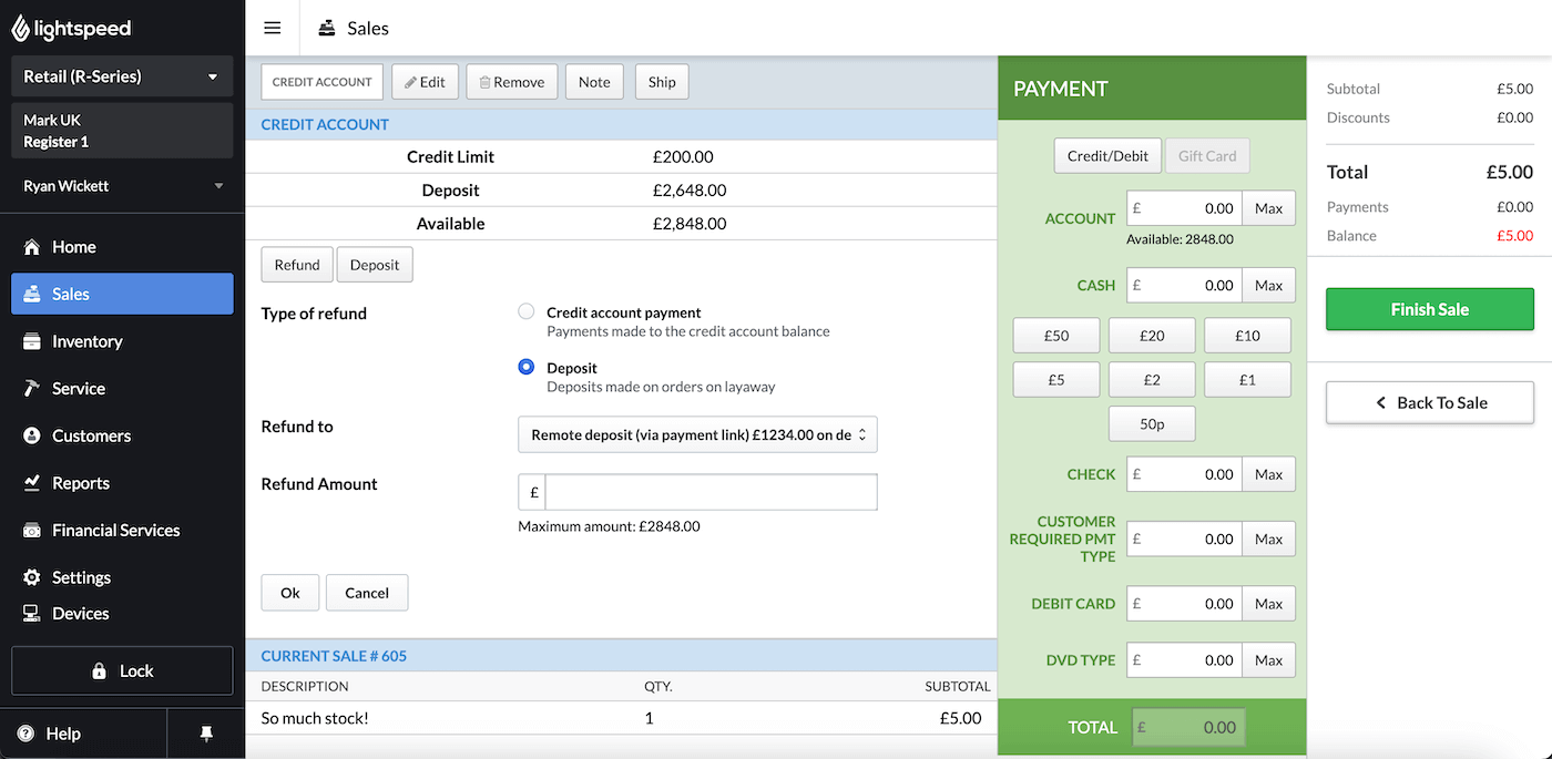 The Sales page showing a payment link refund.