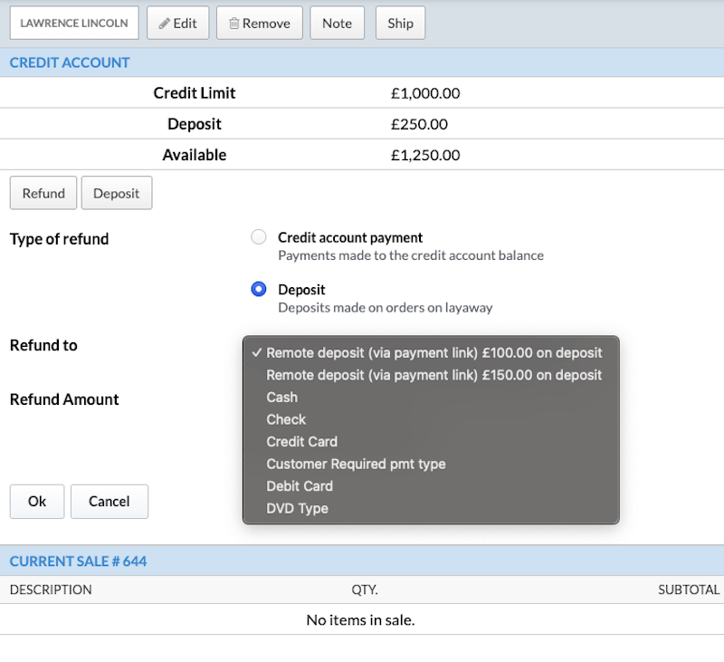 Refund
    information page with option to choose type of refund and remote deposit
    (via payment link) options in the refund to dropdown.