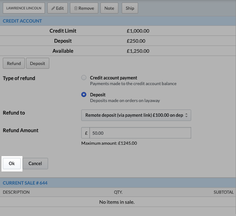 Refund
    information page with details all filled out. Ok button highlighted.