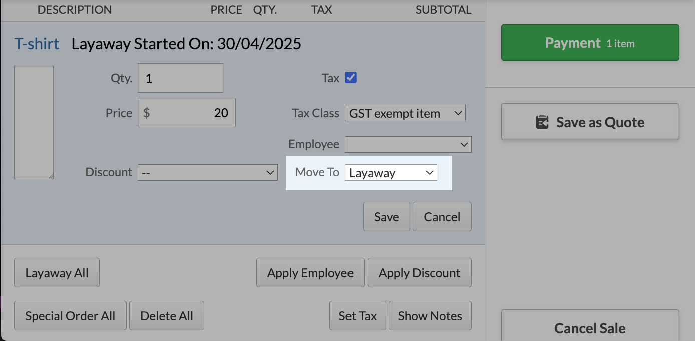 The Move To dropdown with Layaway selected.