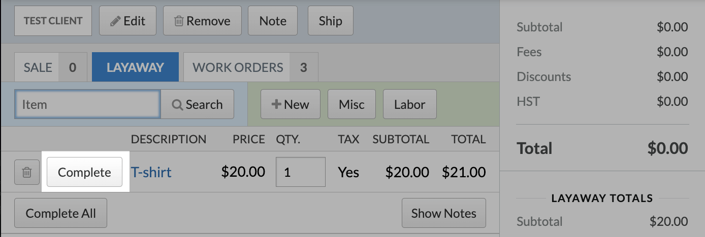The Layaway tab, highlighting the Complete button beside an item.