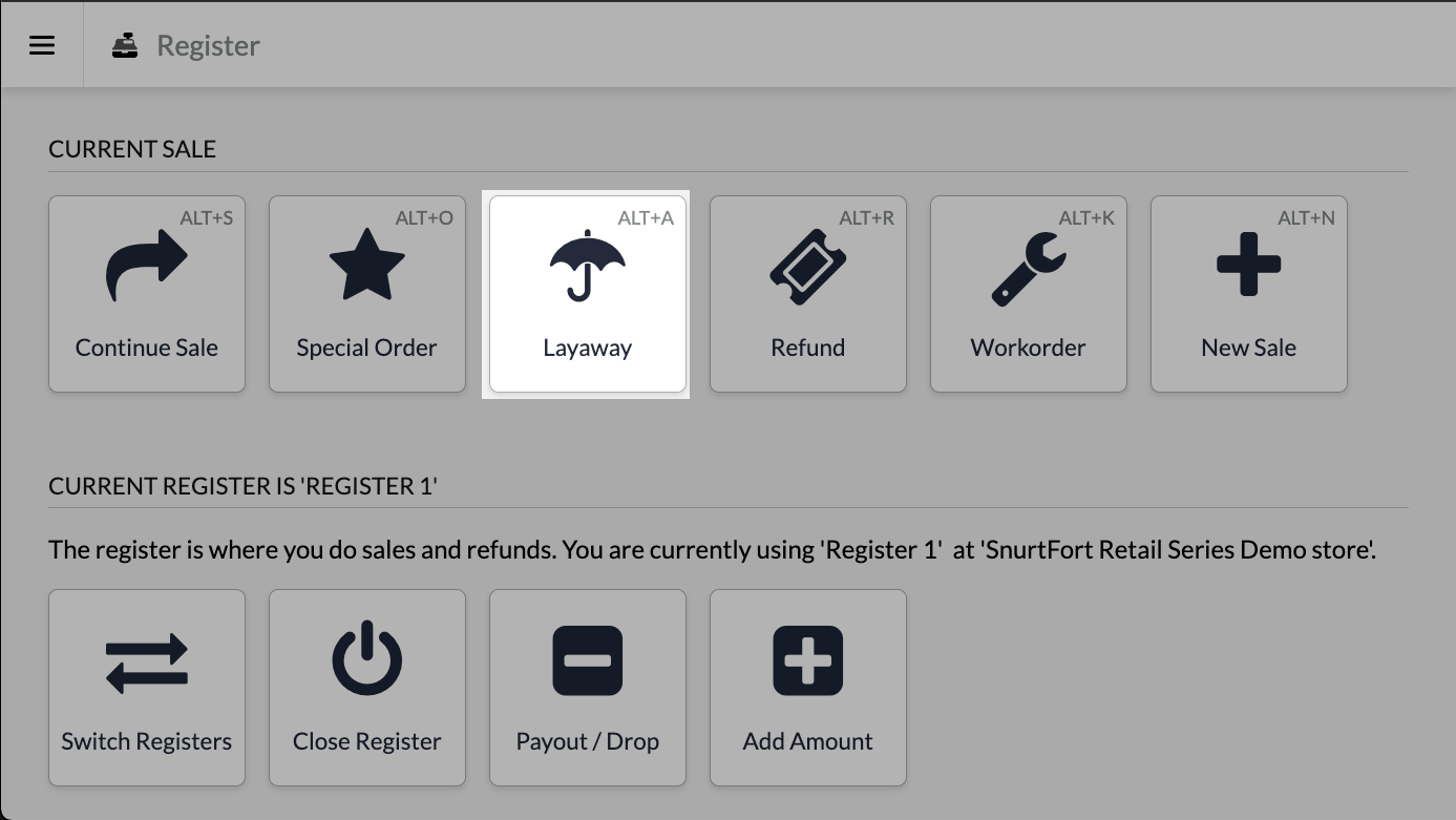 The Register screen highlighting the Layaway button.