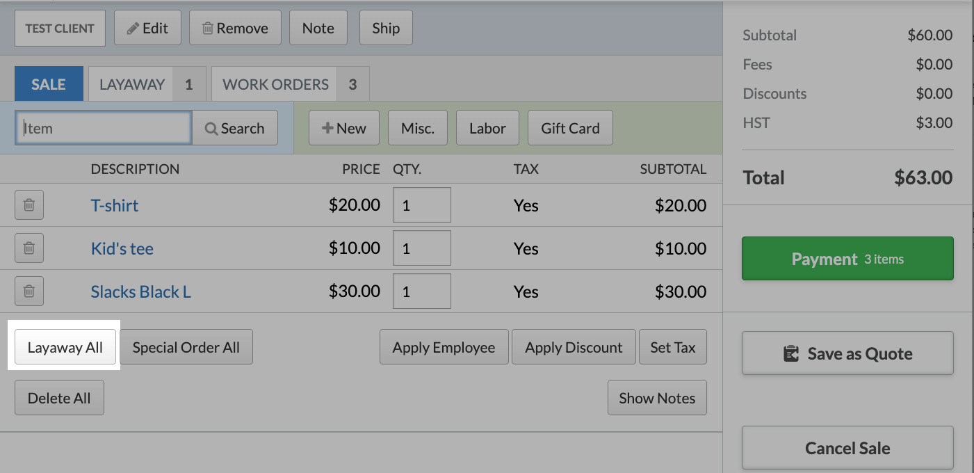 The Sale tab highlighting the Layaway All button.