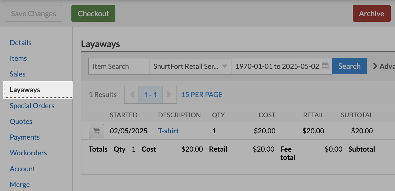 A customer's Layaways tab.