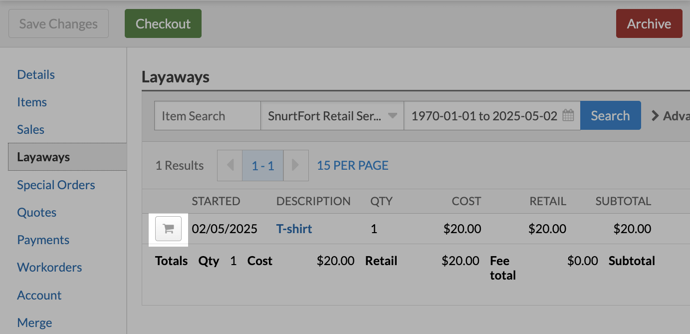 A customer's Layaways tab highlighting the checkout icon beside an item.