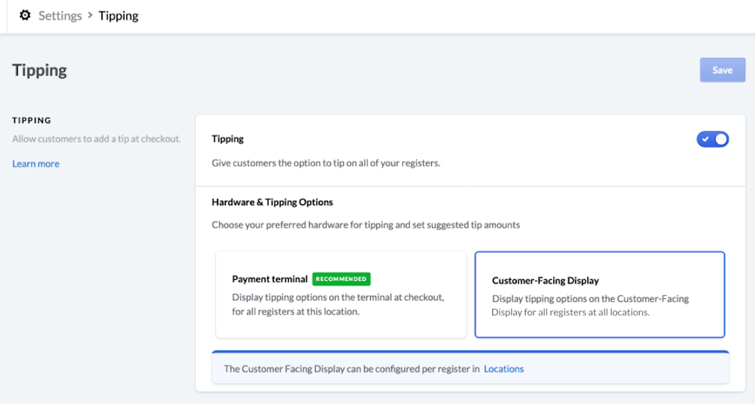 Page Pourboire, l’option Écran d’affichage client (CFD) est sélectionnée