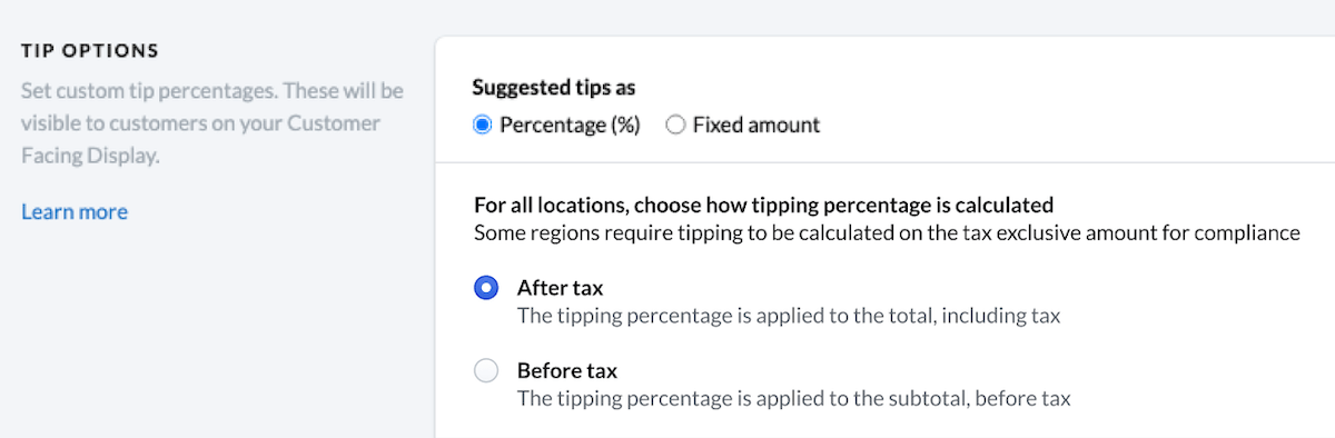 Option Forme de pourboires suggérés, l’option Pourcentage (%) est sélectionnée