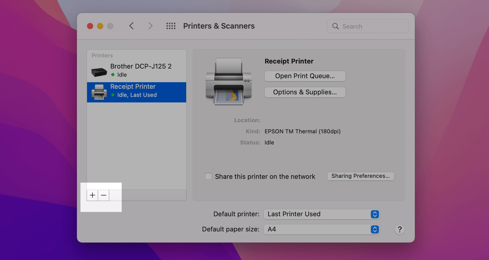 Printers & Scanners with + icon emphasized.