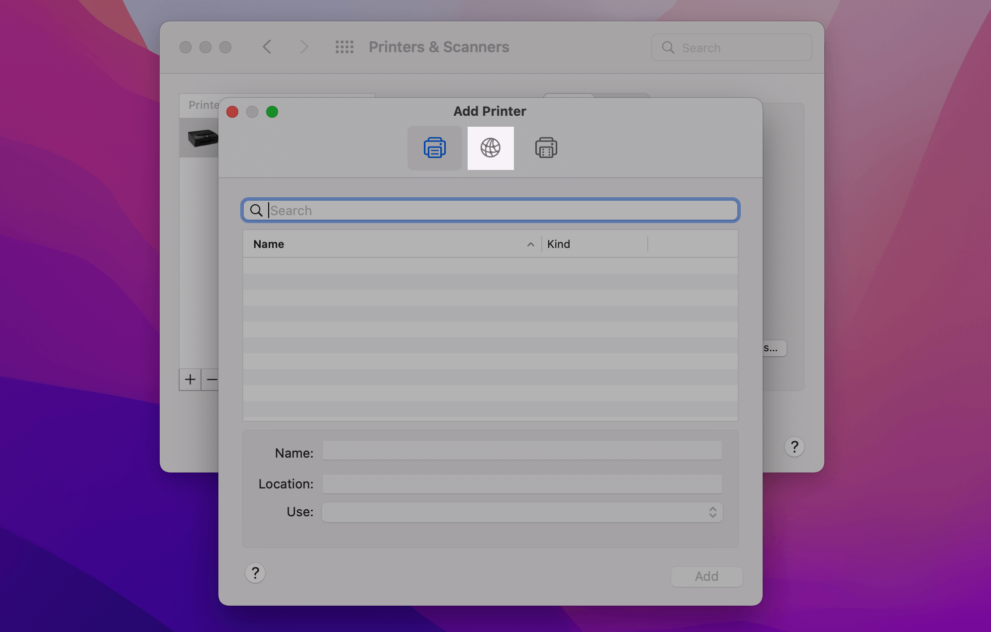 Add Printer window with globe icon emphasized.
