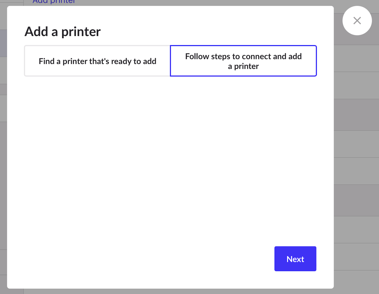 Modal showing Follow steps to connect and add a printer selected.