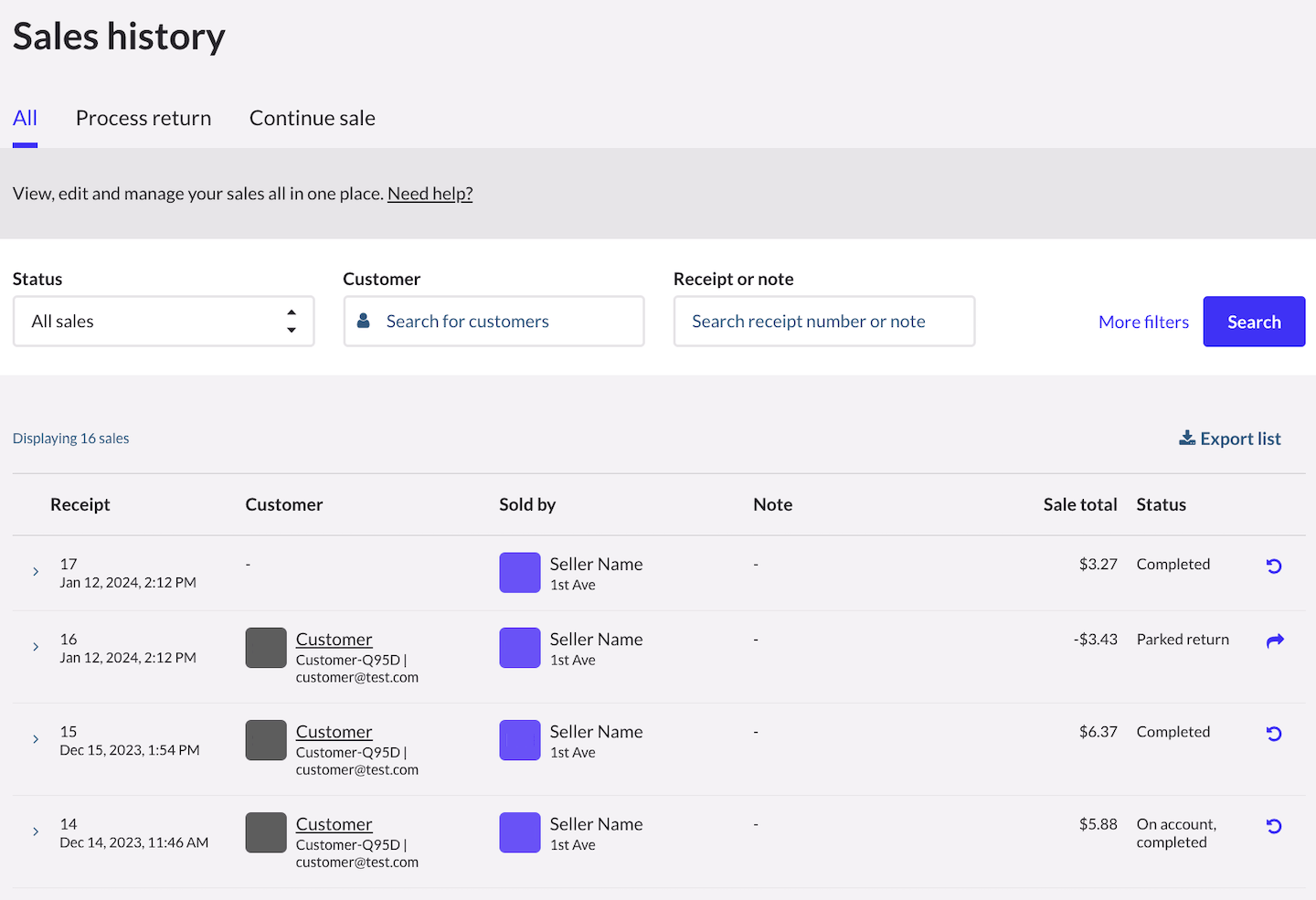 Sales history page.
