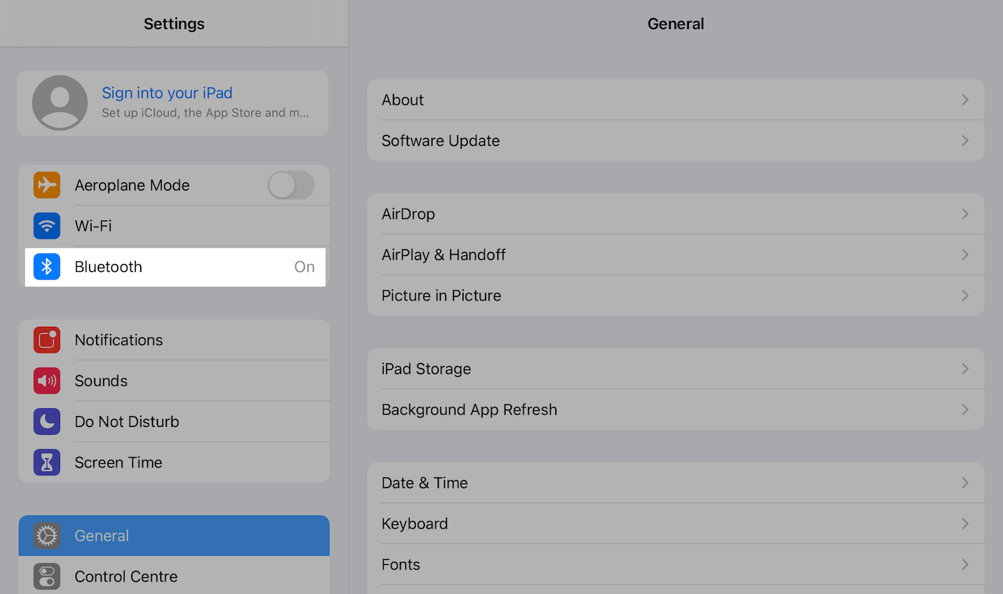 Settings with Bluetooth emphasized.