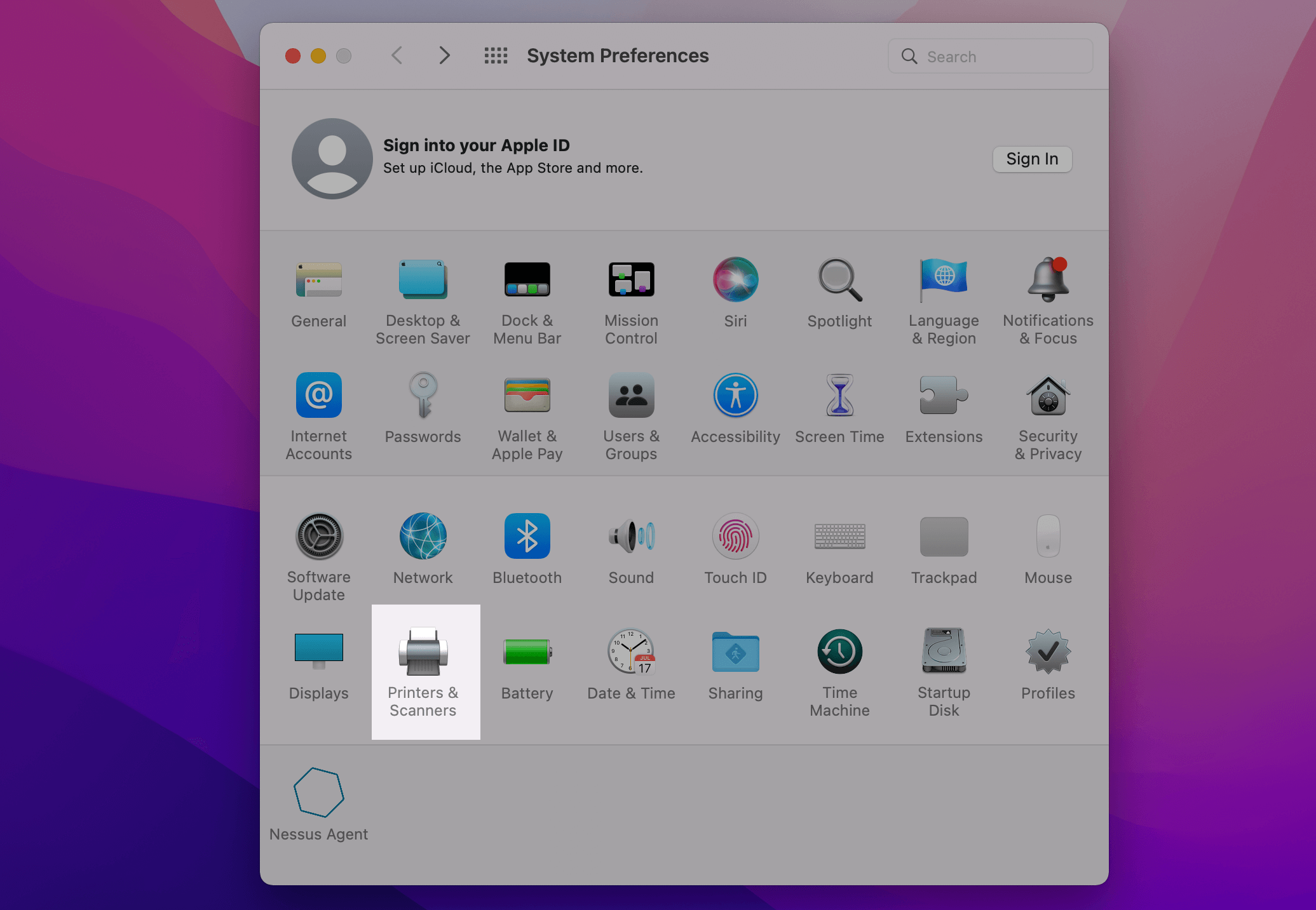 System Preferences with Printers & Scanners emphasized.