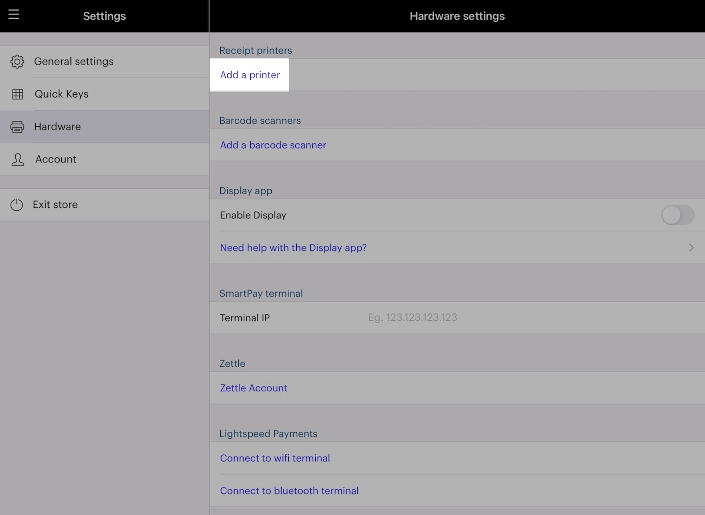 Hardware settings with Add a printer emphasized.