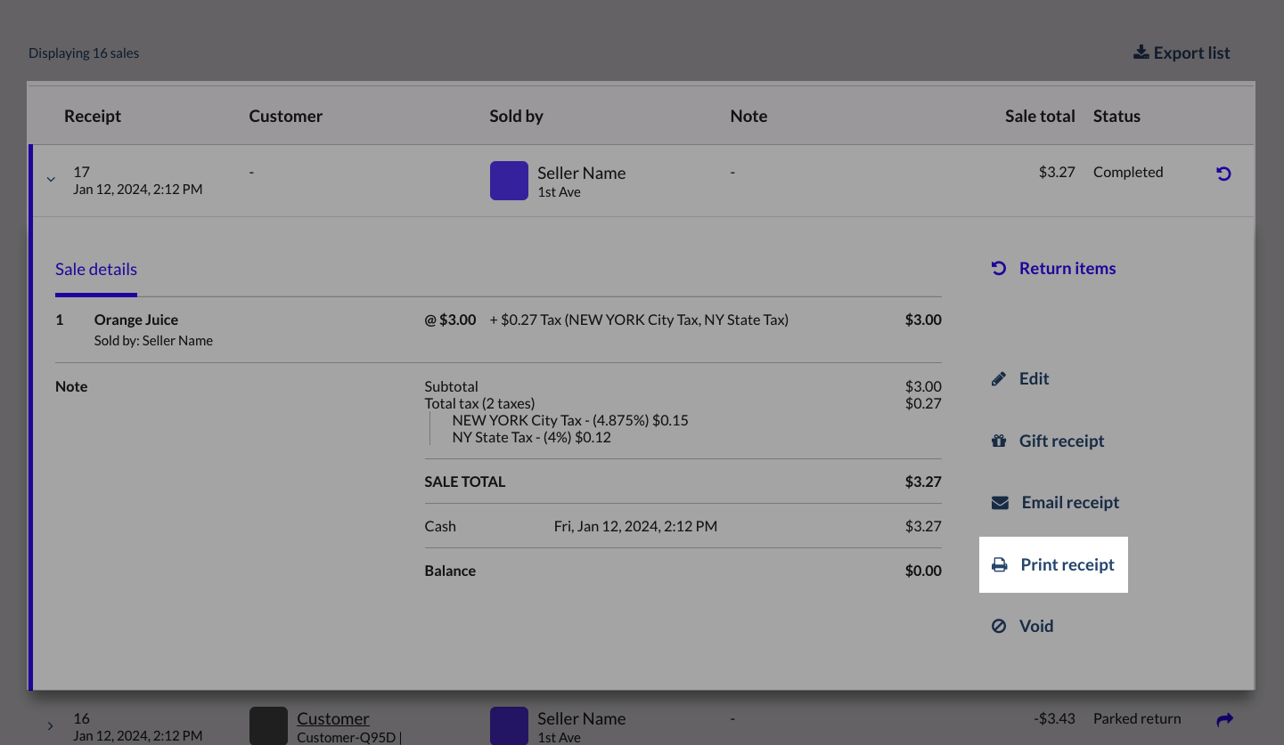 Expanded sale with Print receipt emphasized.
