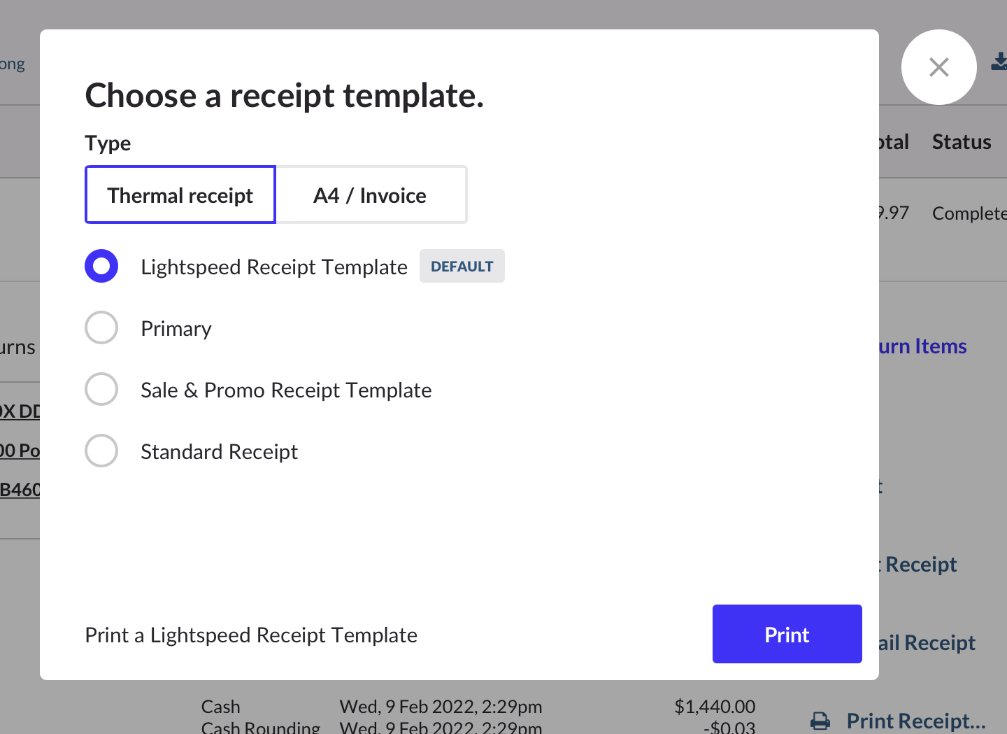 Choose receipt template pop-up.
