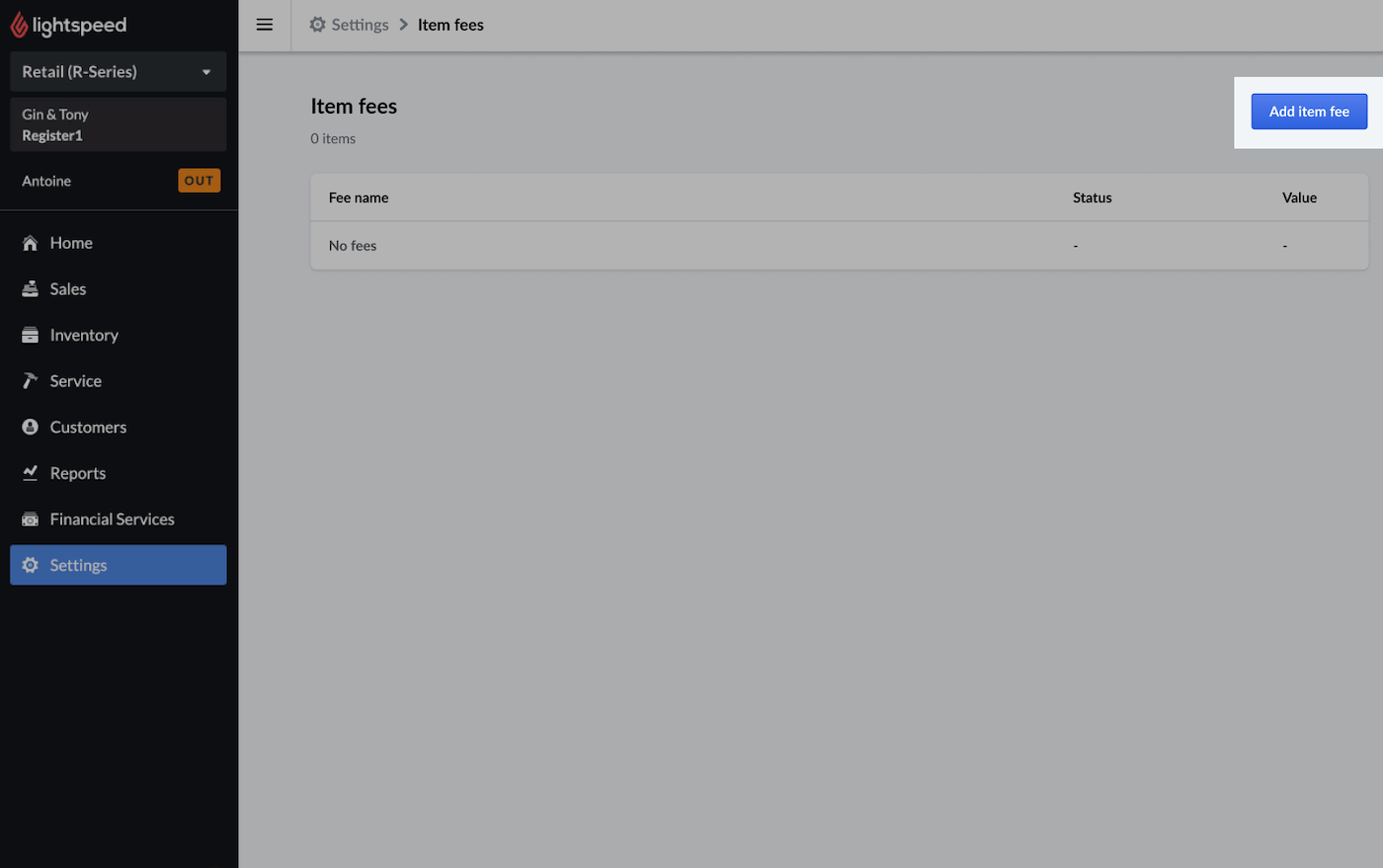 Add Item Fee button on the Item fees page.