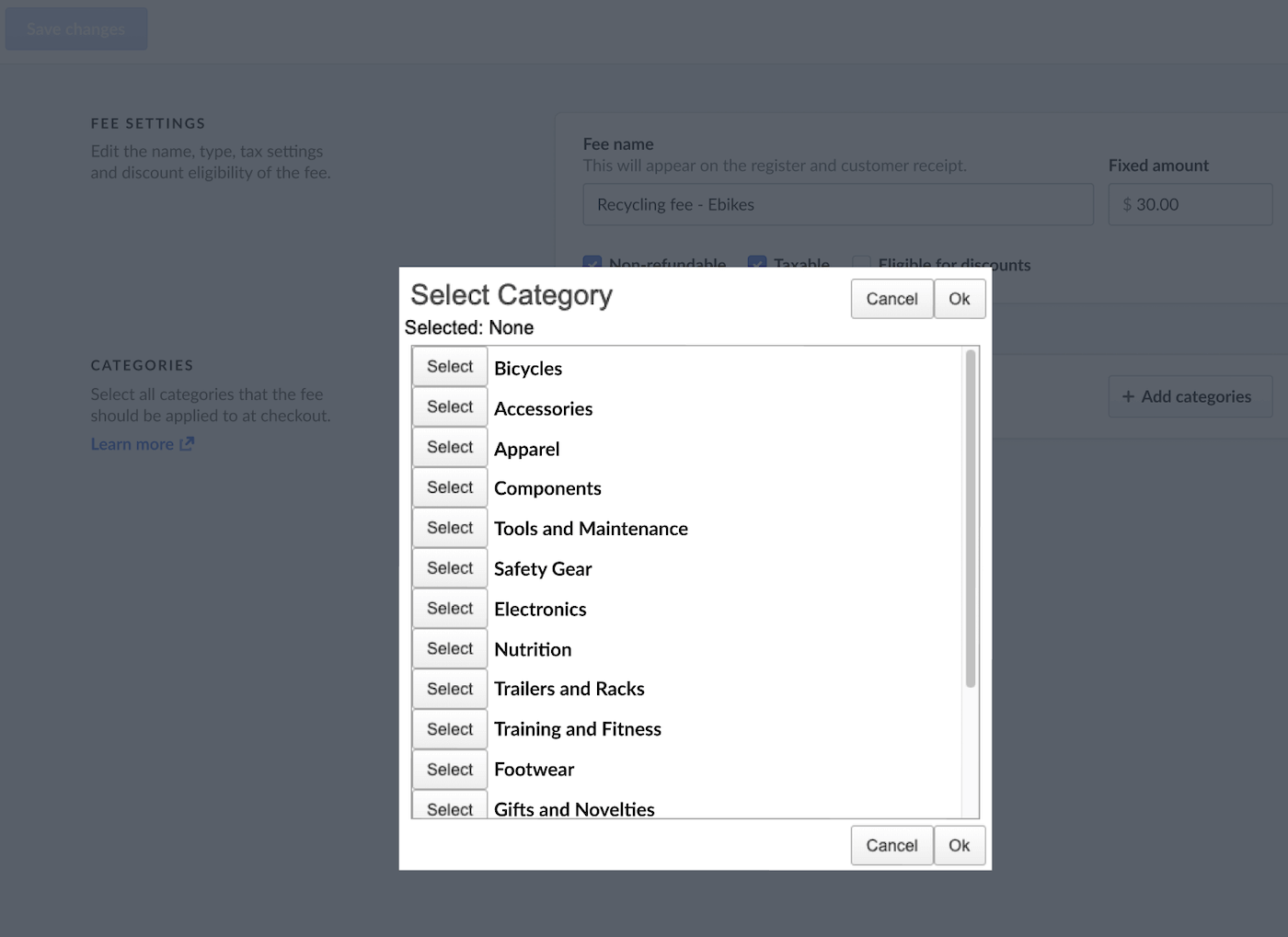 Select categories in the pop-up window on the New fee page.