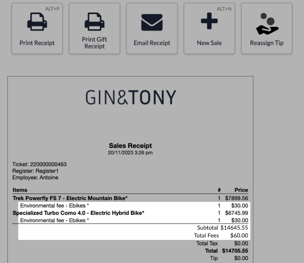 Item fees listed on the customer receipt.