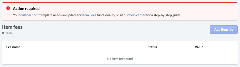 Item fees warning message.