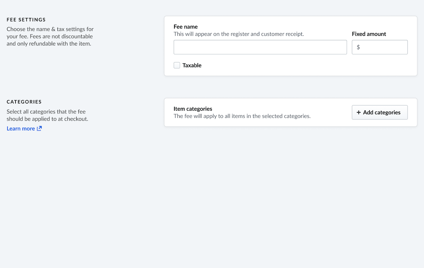 Fee name and Fixed amount fields on the New fee page.