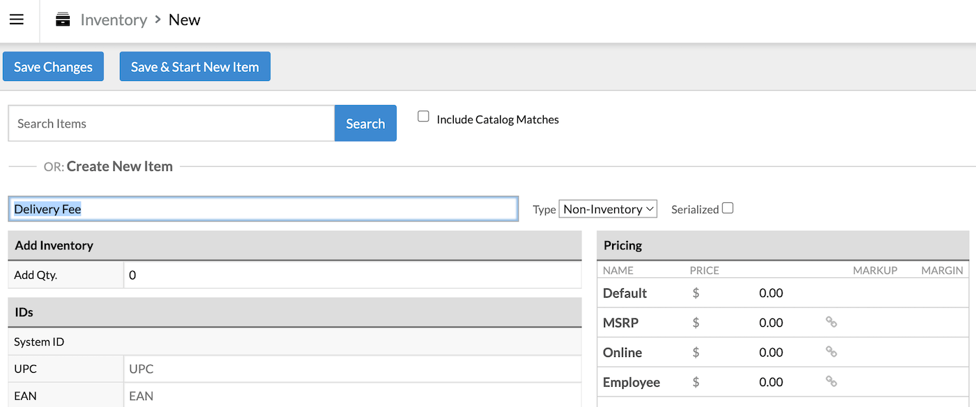 New
      item page with non-inventory items for delivery fee created.