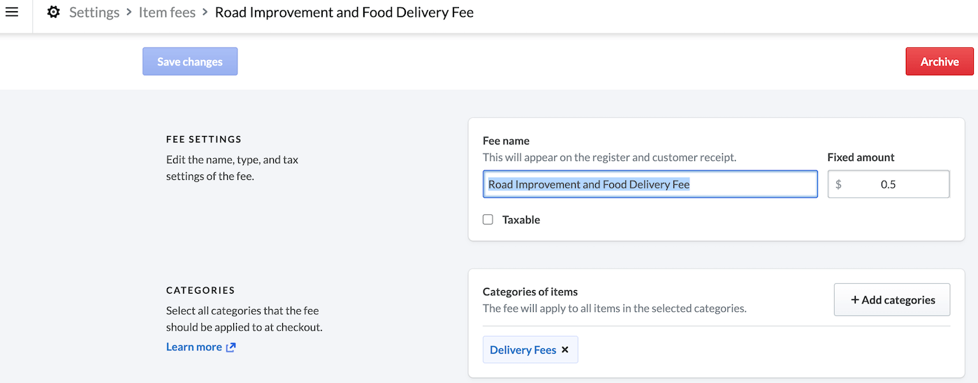 Item
      fees page with a fee name and fixed amount filled out.