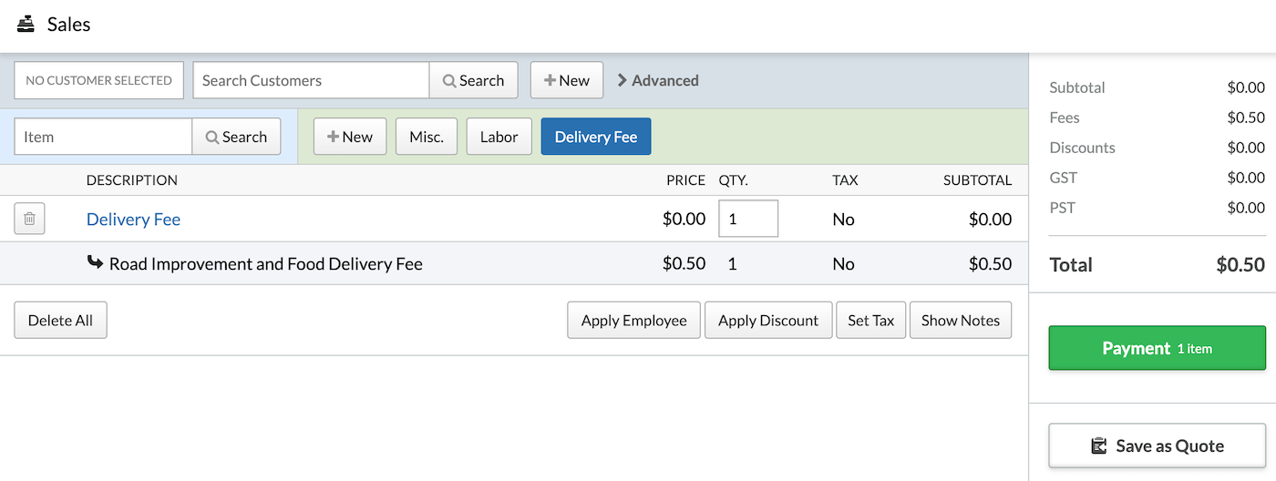 Sales screen
  with custom menu button.