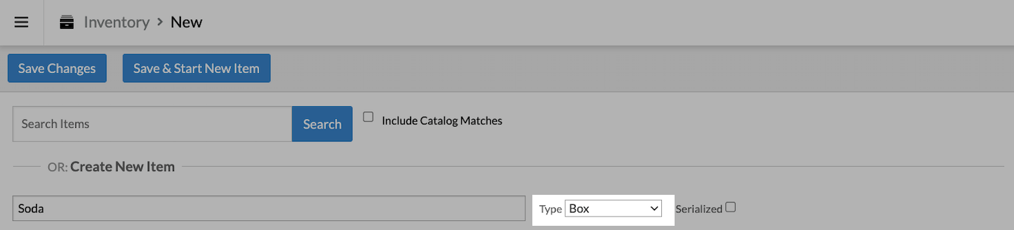 New item page with Type dropdown emphasized and Box selected.