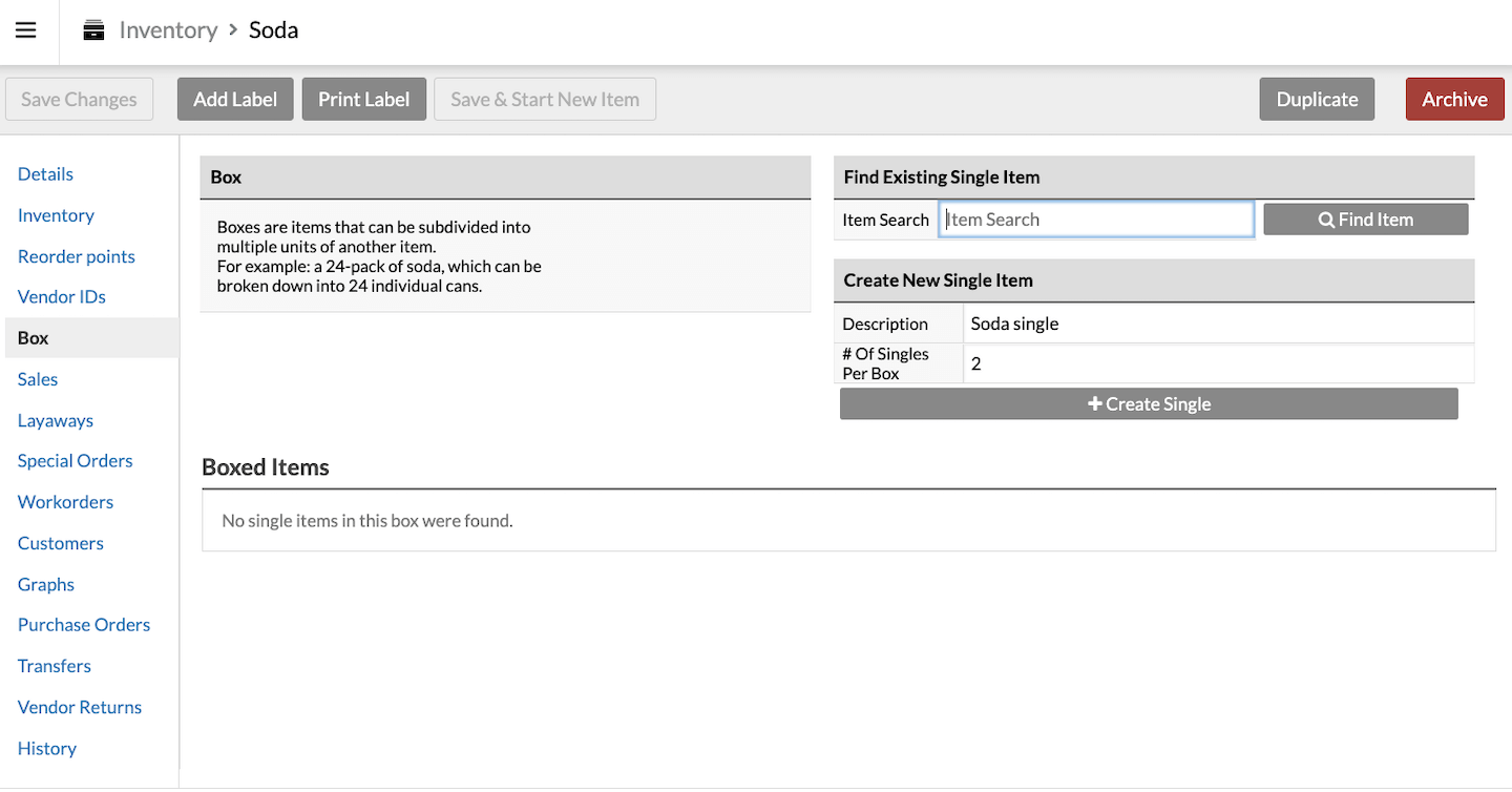 Box page showing options to Find Existing Single Item and Create New Single Item.