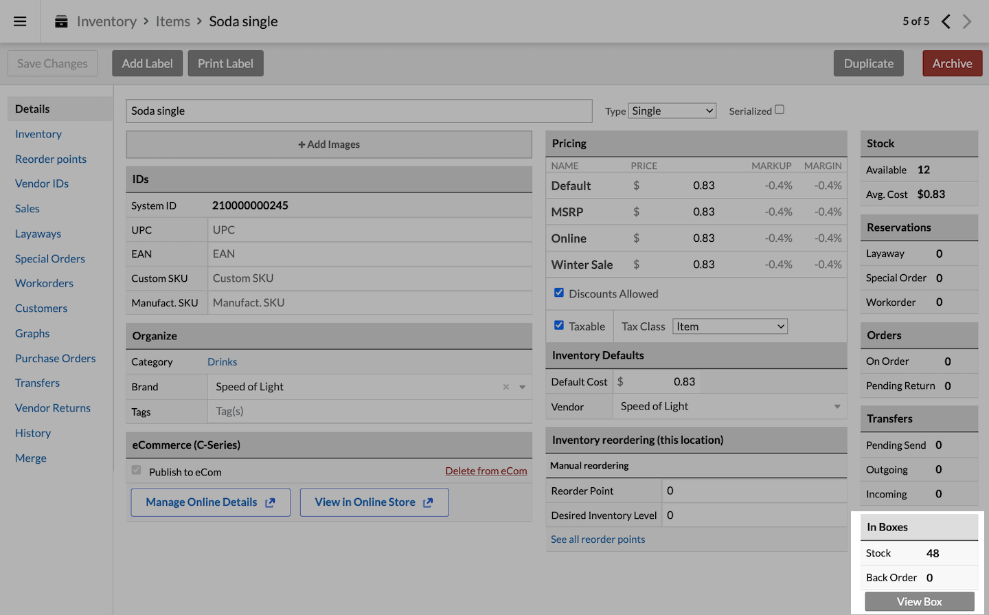 Item main page with in Boxes section emphasized.