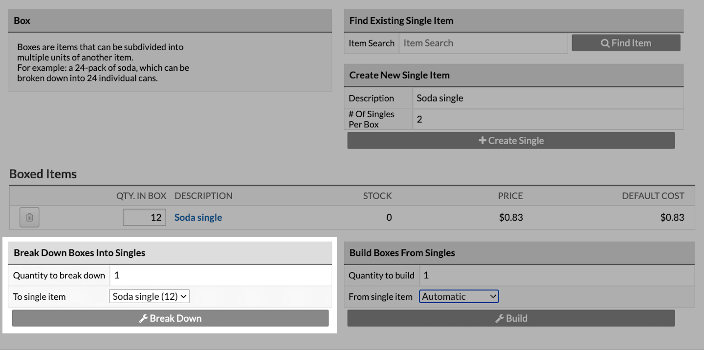 Box page with Break Down Boxes Into Singles section emphasized.