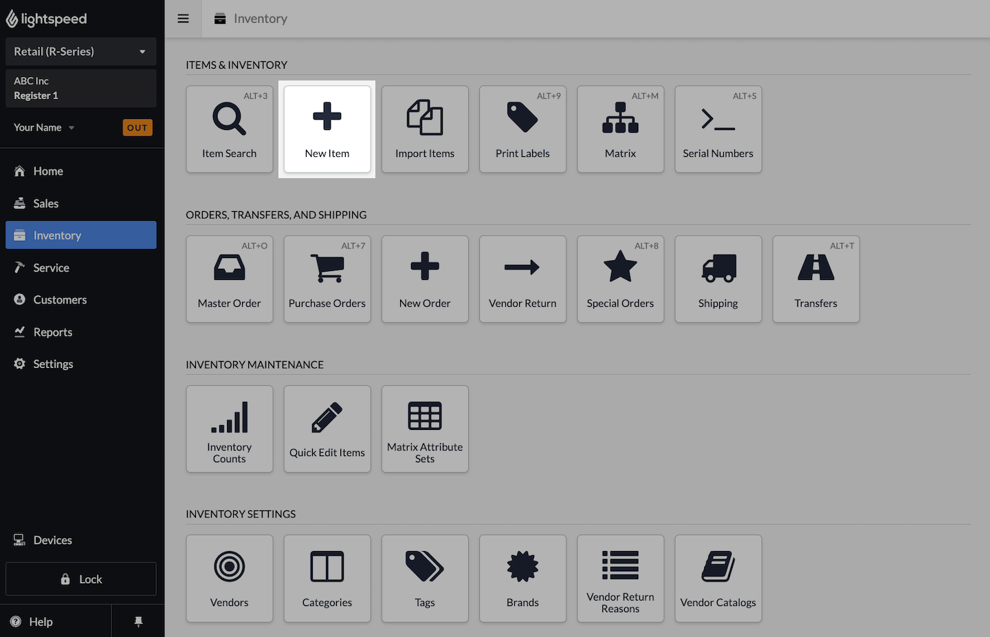 Inventory page with New Item emphasized.