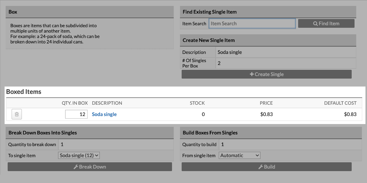 Boxed Items section showing Quantity in Box, Description, Stock, Price, and Default Cost.