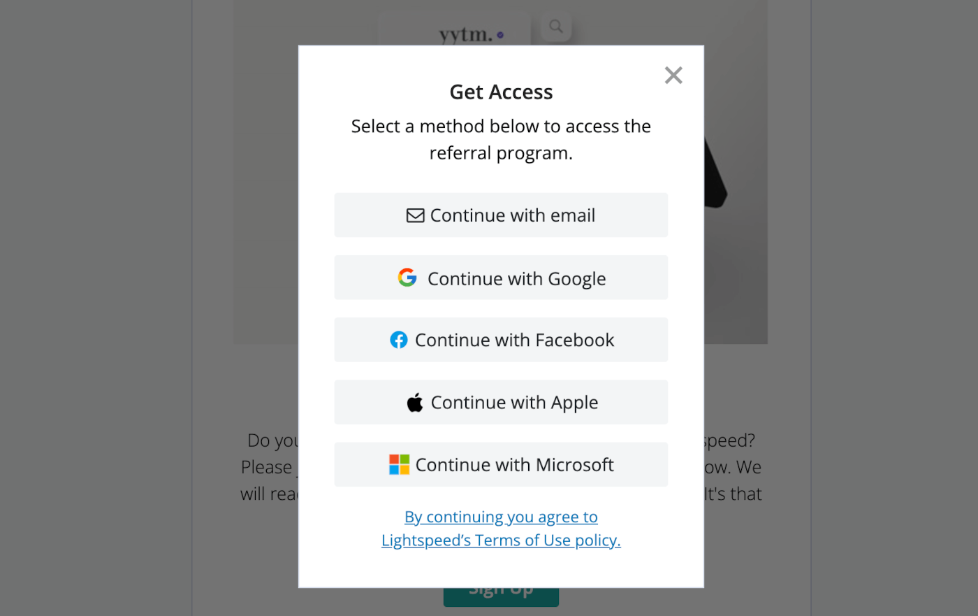 A popup with a selection of signup methods like email, Gmail, Facebook, Apple, and Microsoft