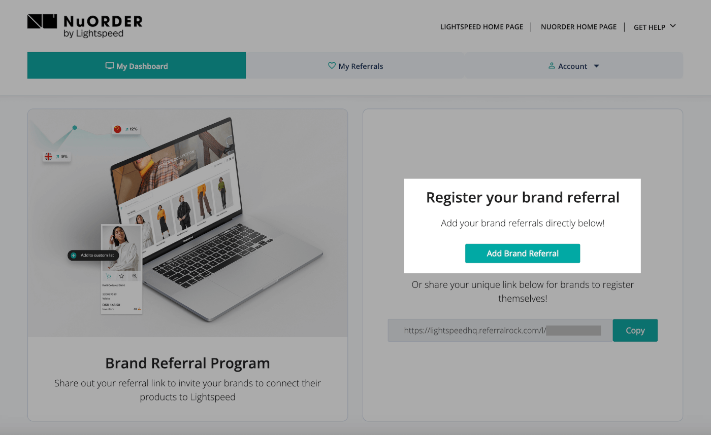 Main page of the NuORDER referral dashboard