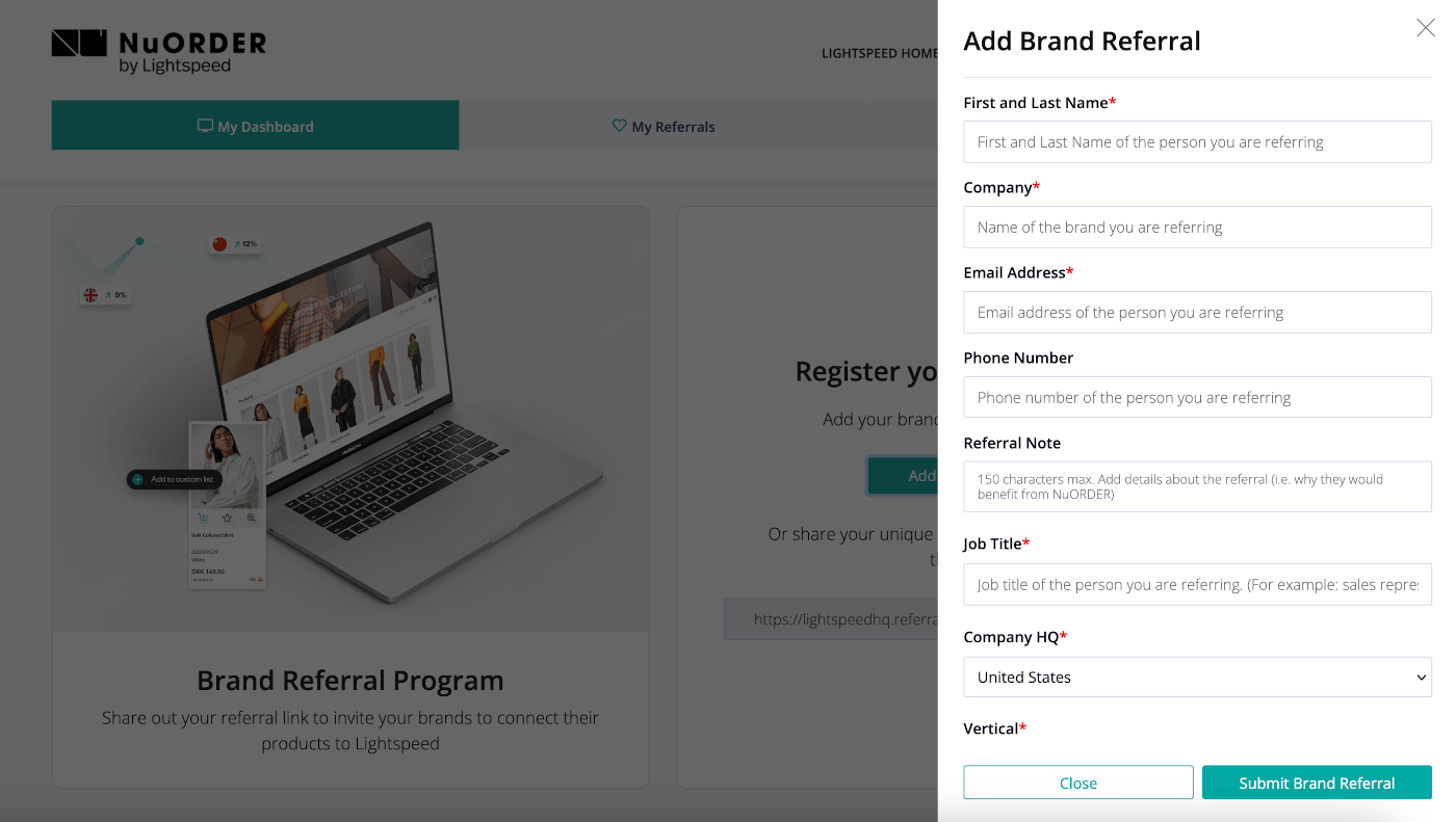 Brand referral form in the NuORDER referral dashboard