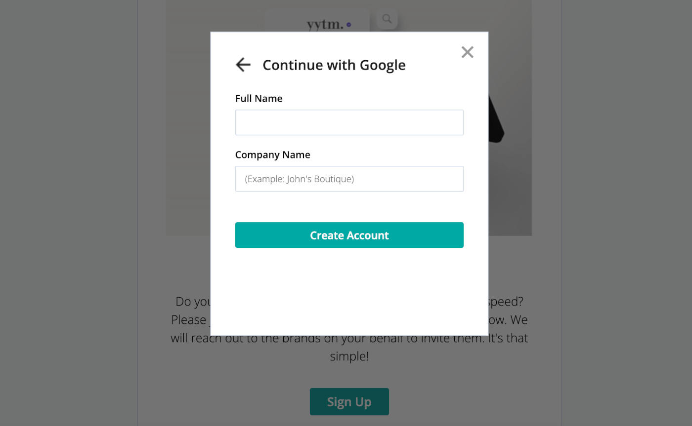 A popup to enter the full name and company name