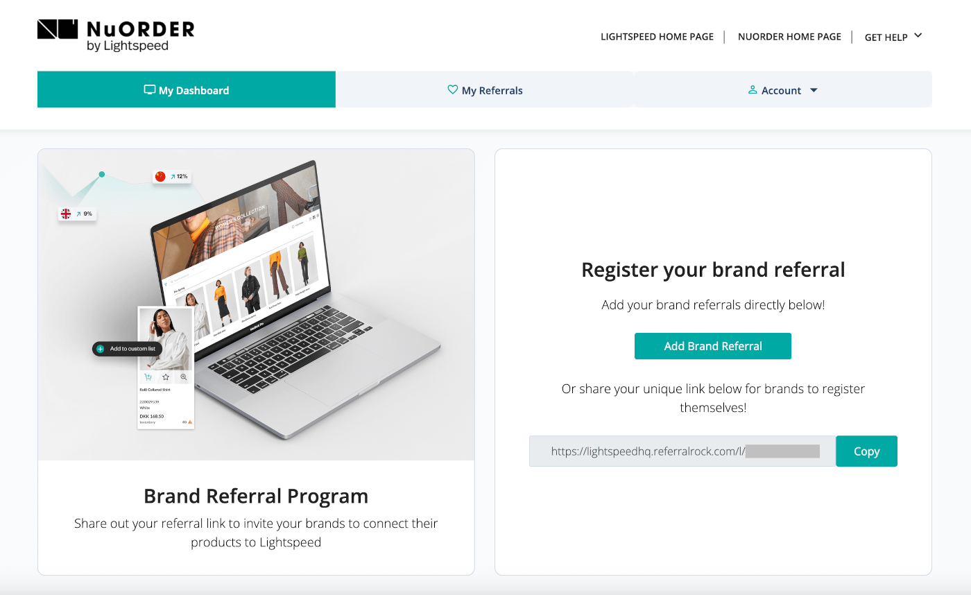 Main page of the NuORDER referral dashboard